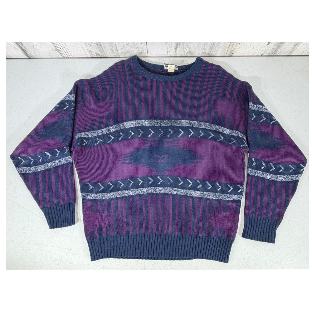 Playboy Vintage Sweater Large Purple Navy Southwestern Geometric Fair Isle USA